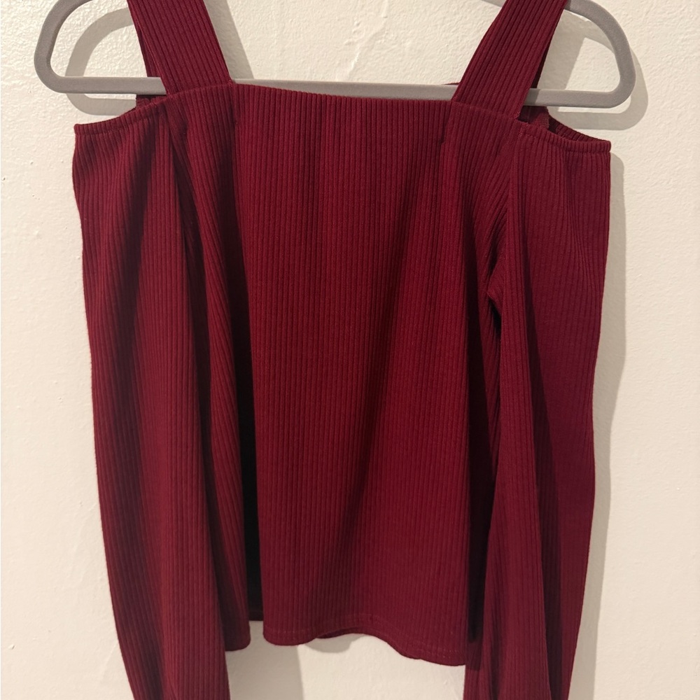Ribbed Off-Shoulder Long Sleeve Top - burgundy red maroon